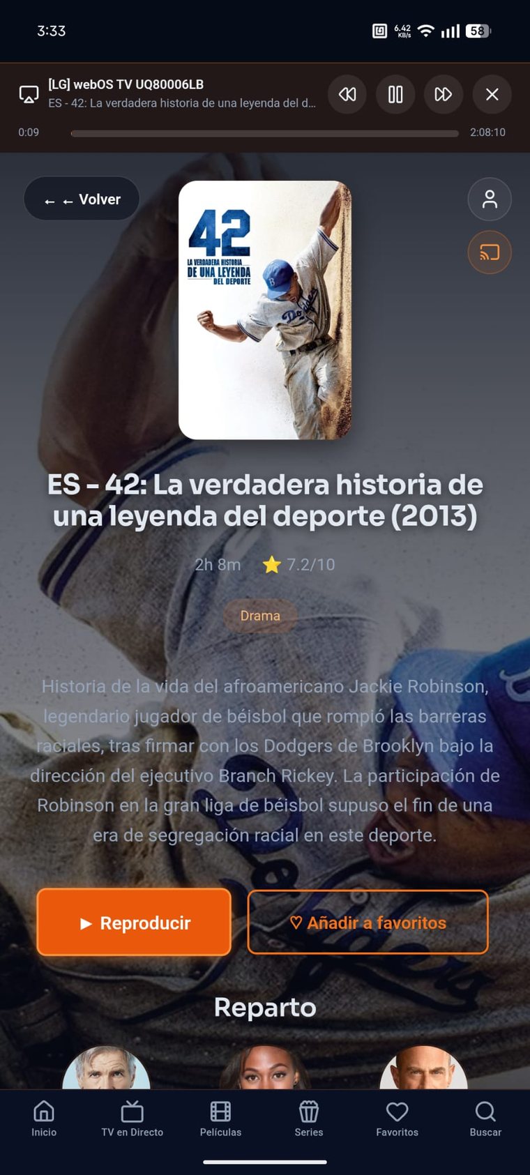 Móvil enviando una película a una Smart TV LG por DLNA, con mando de reproducción persistente arriba